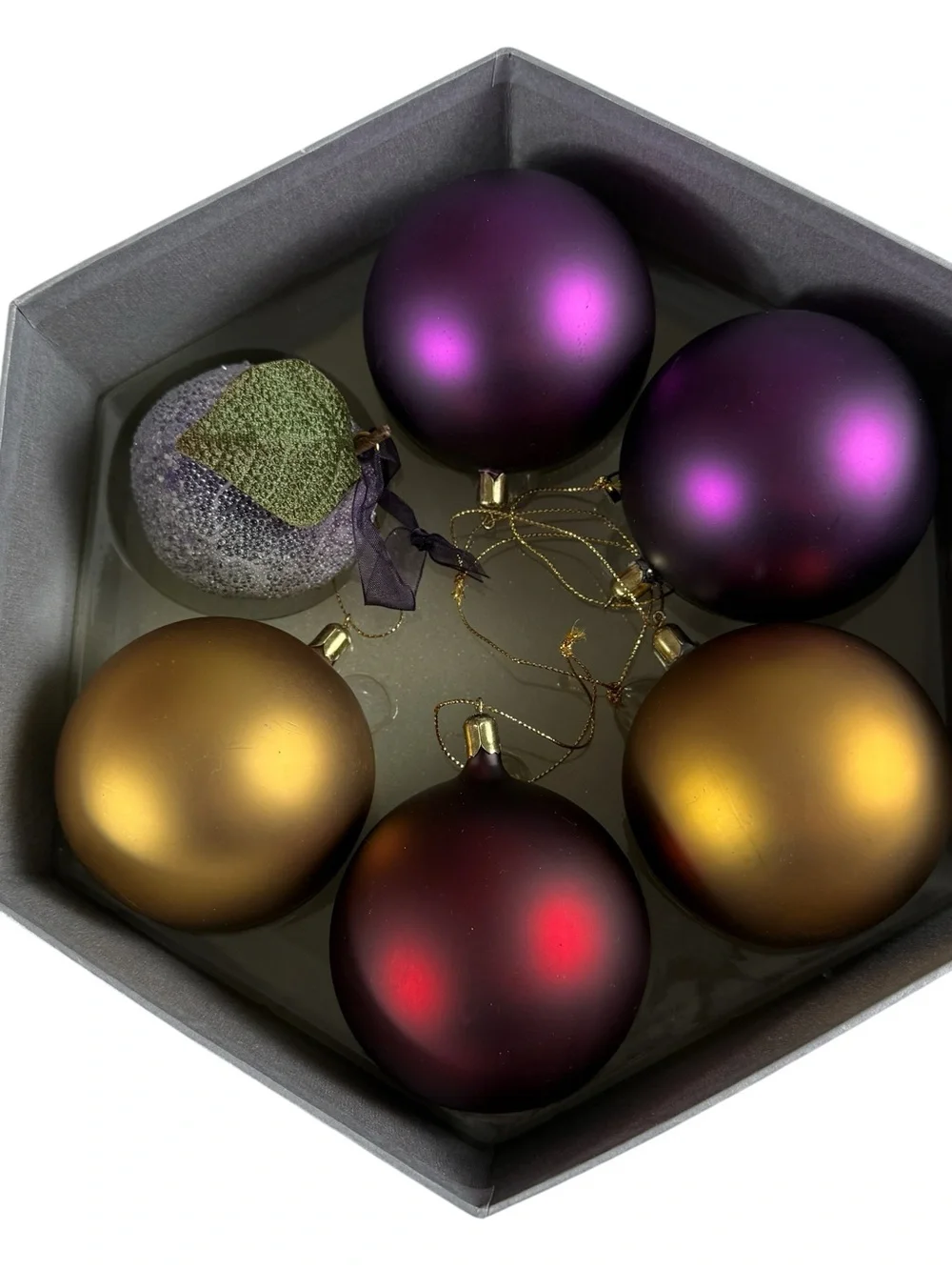 6 Christmas Glass Ball Ornaments Matte **Pottery Barn Sugar Plum Purple Gold Red